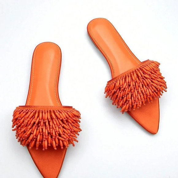 Orange Funky Women's Bead Embroidery Decorated Fabric Flat Comfortable Sandals - Picture 3 of 4